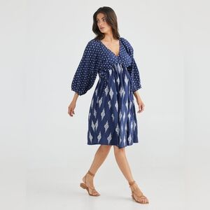 Talisman Navy Cotton Embroidered Gaia Dress V-neckline Empire Babydoll NWOT Sz S